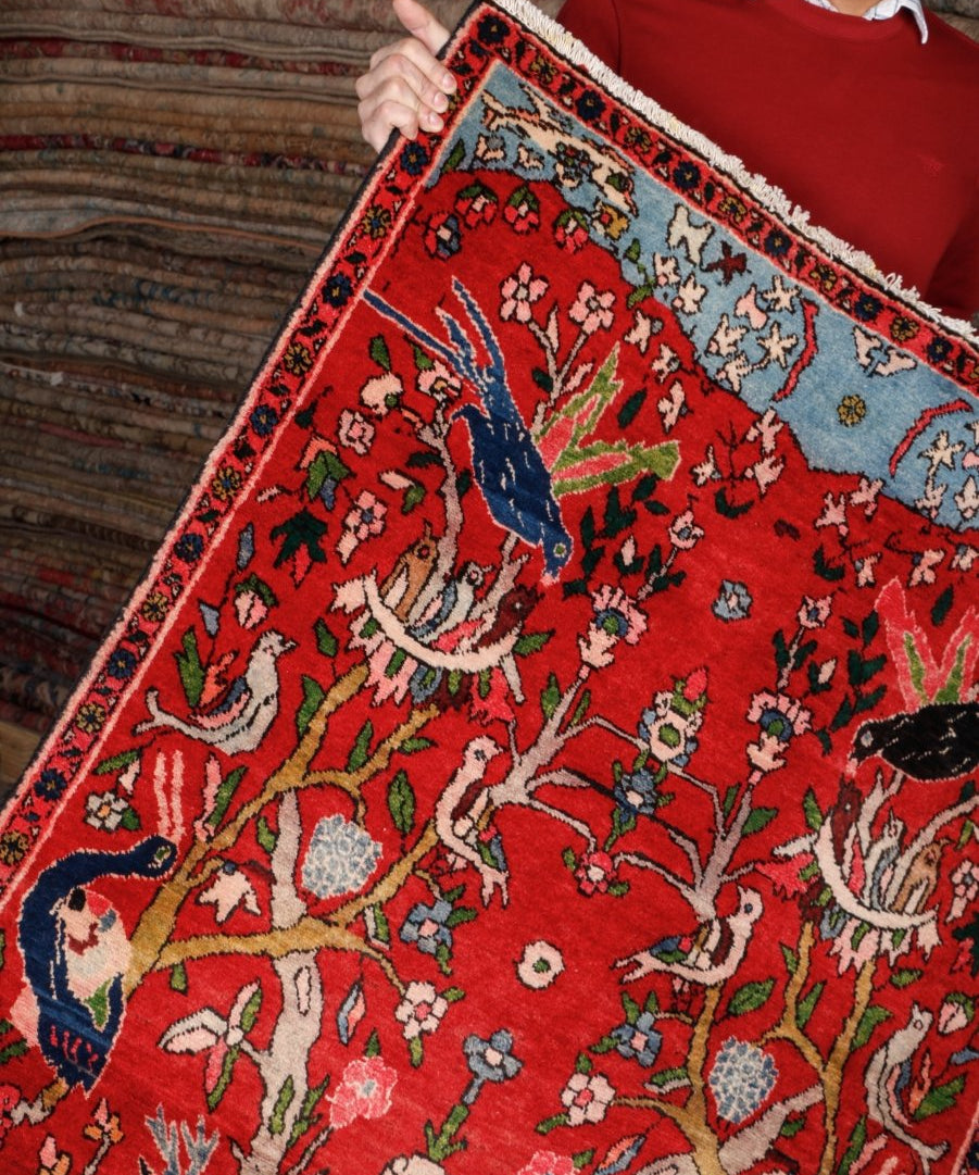 Persian Tabriz rug corner detail in red with birds, flowers, and border trim