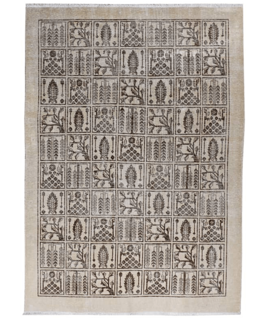 Persian Tabriz rug, beige with dark geometric and floral grid pattern, rectangular