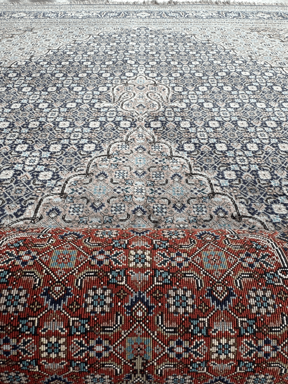 Blue and cream geometric area rug with central medallion; red fringe visible at edge.