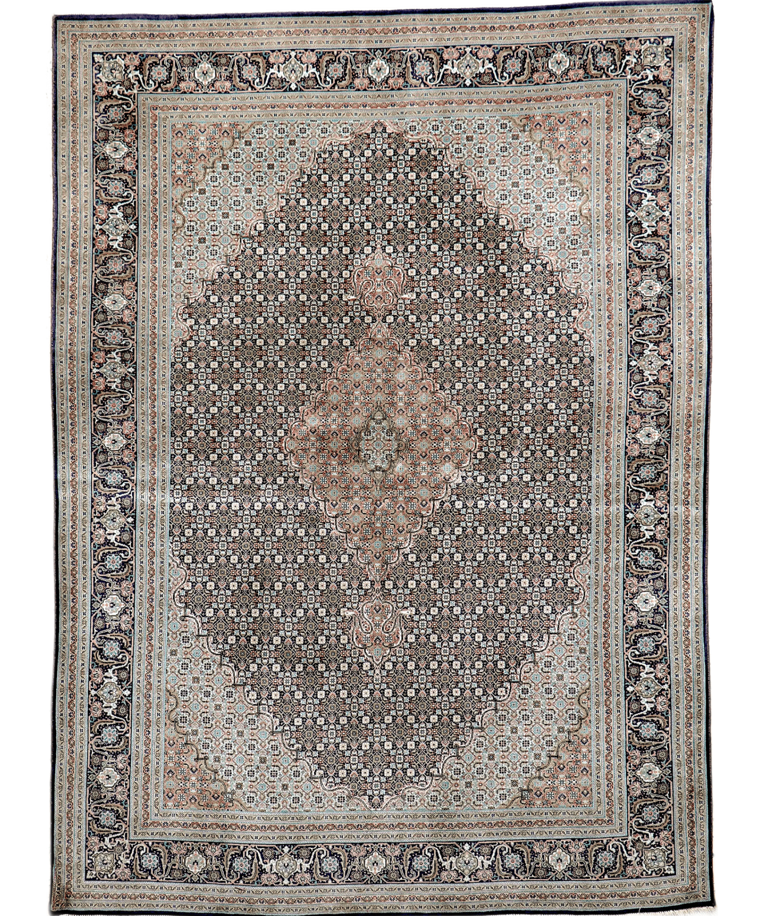 Square Persian-style area rug with light blue field, dark border, and central medallion.