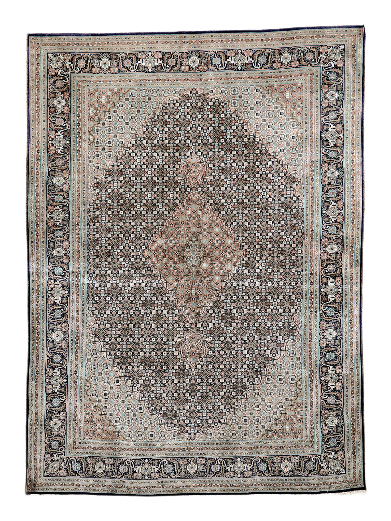 Square Persian-style area rug with light blue field, dark border, and central medallion.