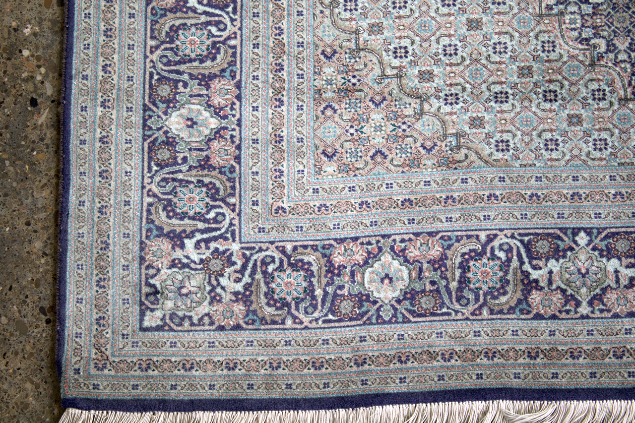 Persian Tabriz rug border with intricate swirls and short white fringe along edge