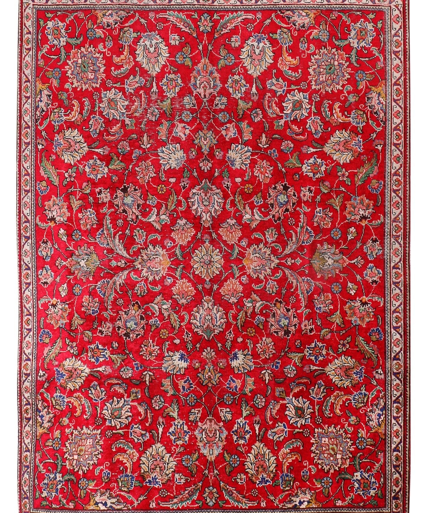 Persian Tabriz rug in red with cream and navy floral medallion border, 6'1"x8'