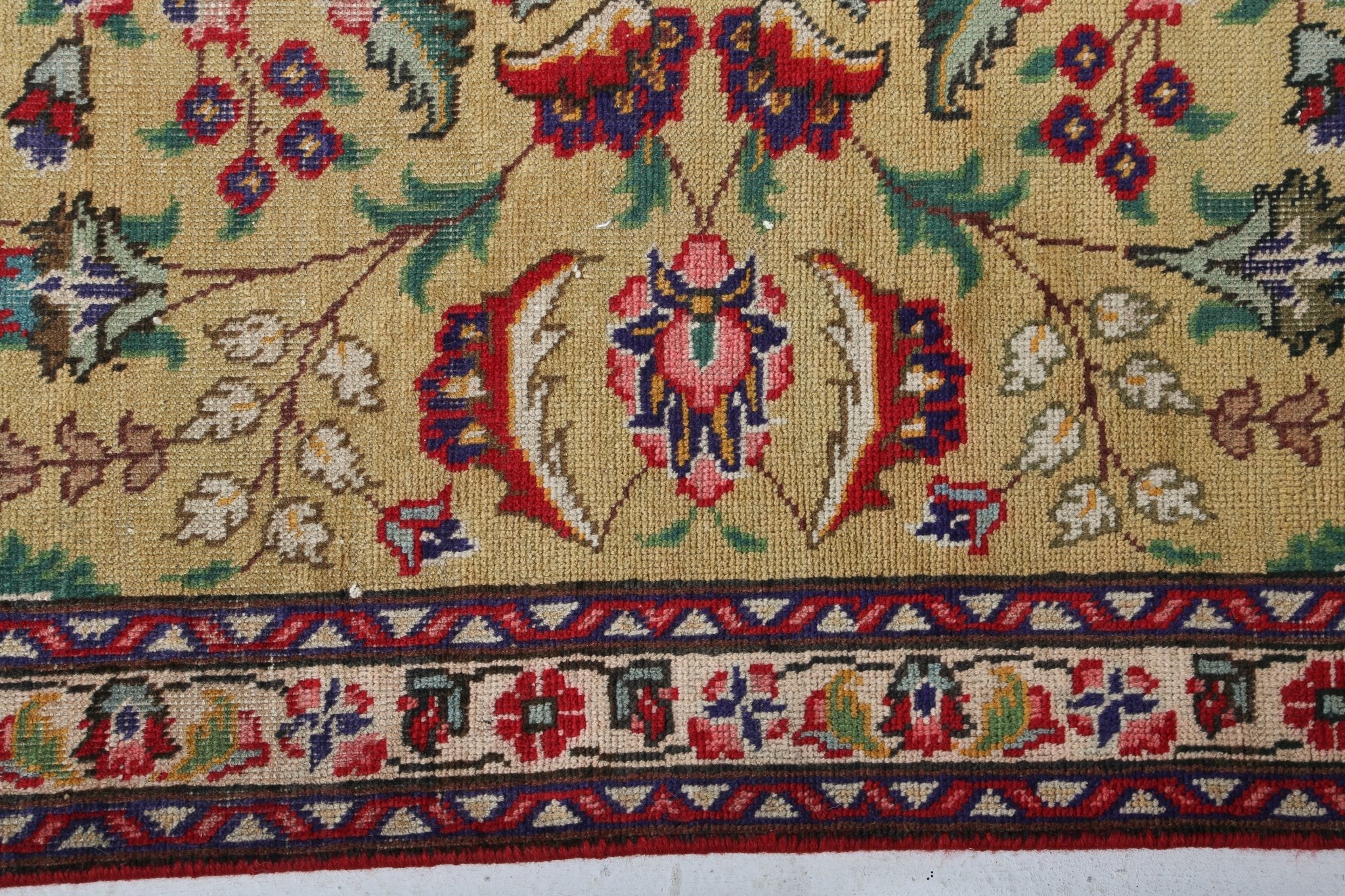 Persian Tabriz rug border close-up with red medallion and blue geometric trim on beige