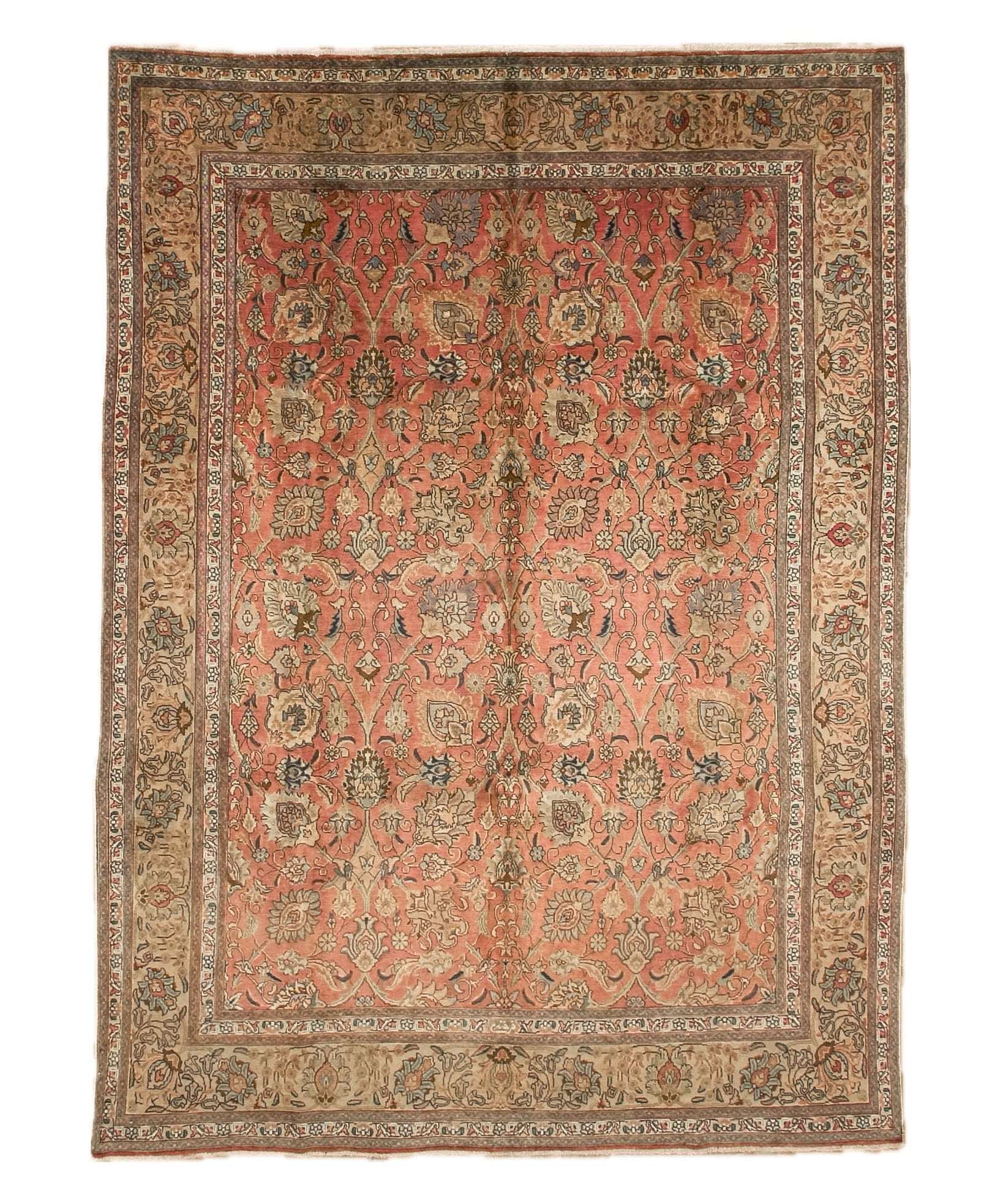 Rectangular Persian Tabriz-style rug with coral red field and detailed medallion floral pattern