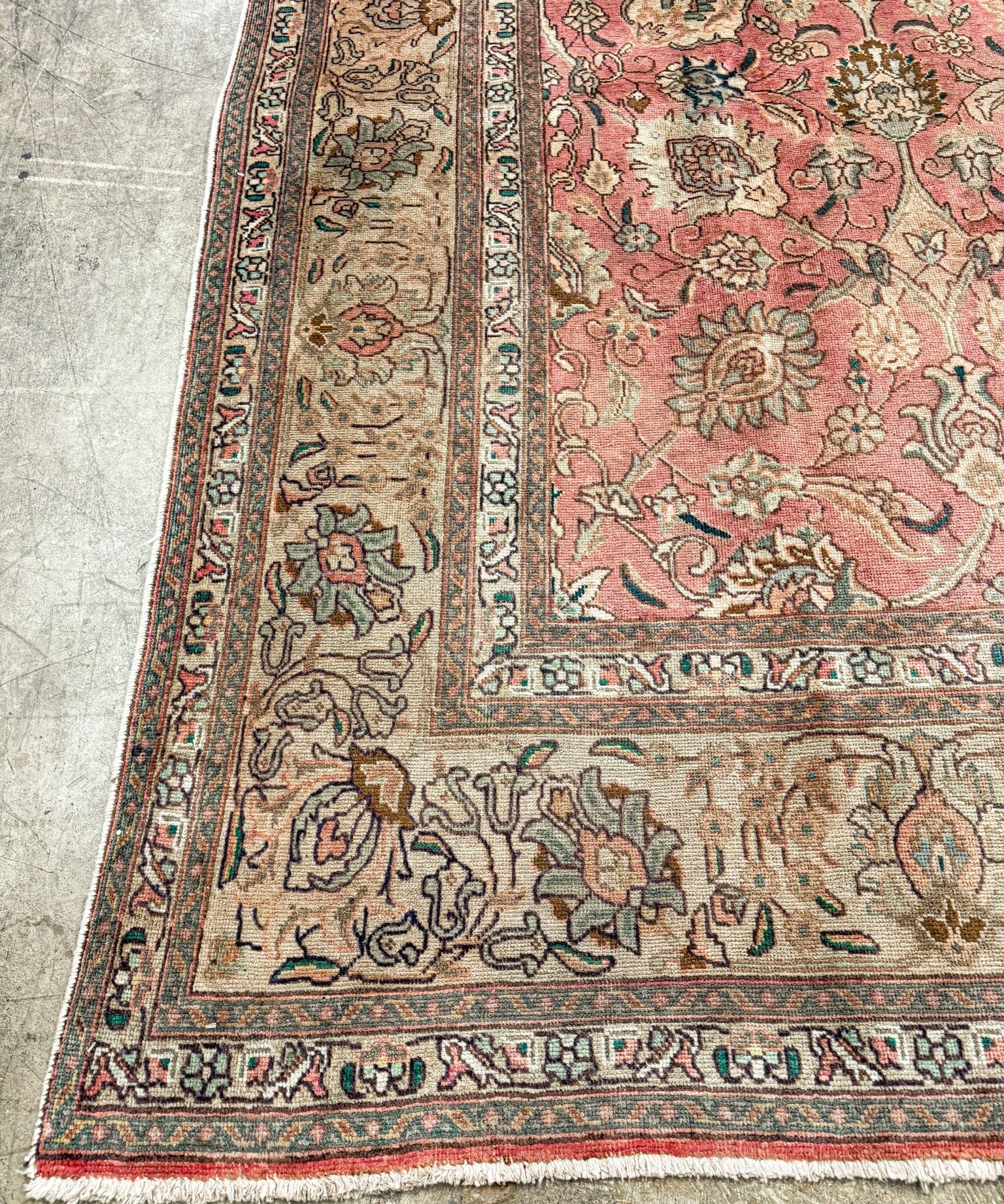 Rectangular rug corner with coral red field, beige border, and short fringe along one edge