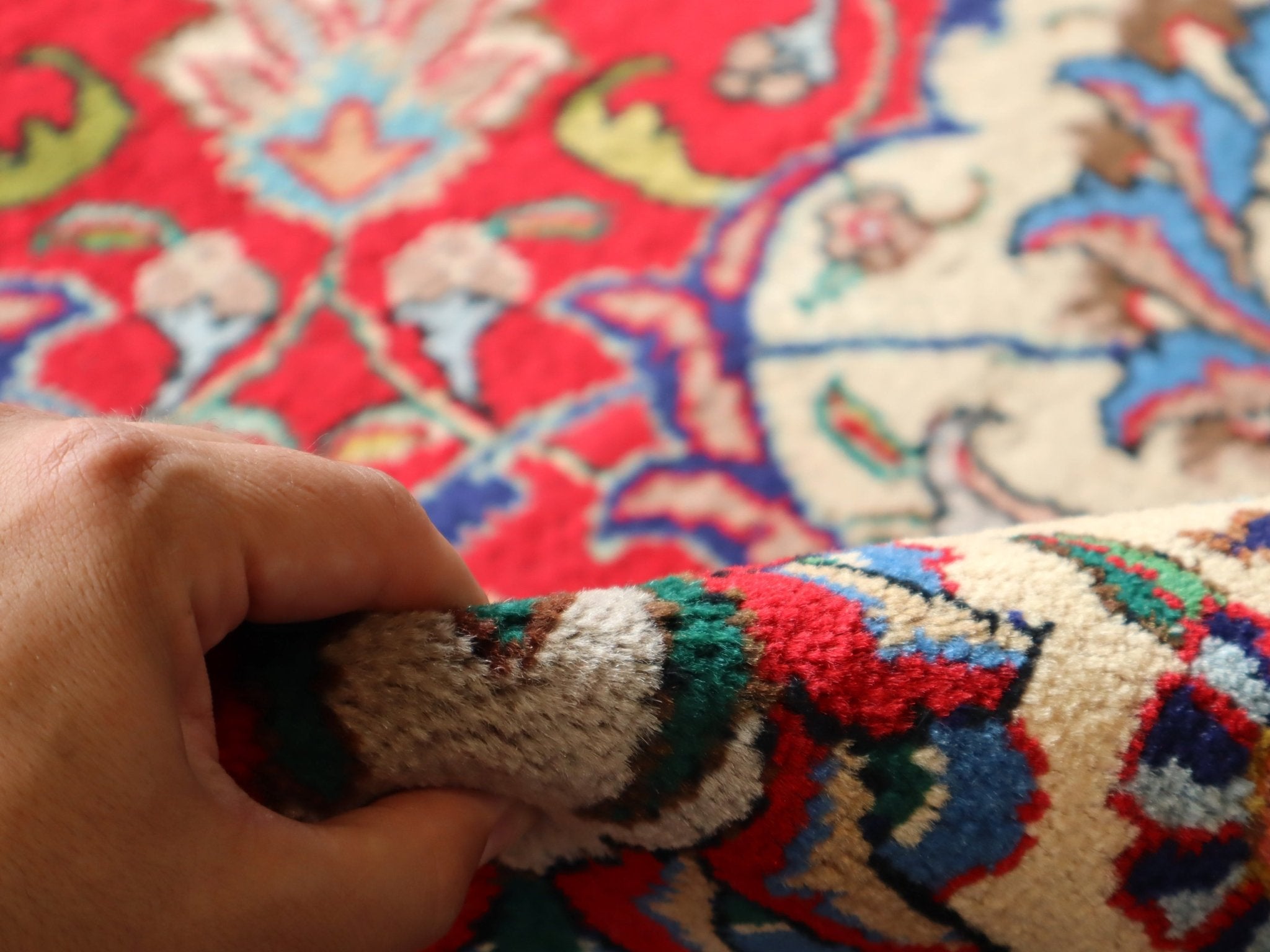 Persian Tabriz rug texture detail; hand shows woven pile on red and blue patterned area