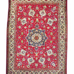 Persian Tabriz rug square design with red field and cream border bands with floral pattern
