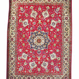 Persian Tabriz rug square design with red field and cream border bands with floral pattern