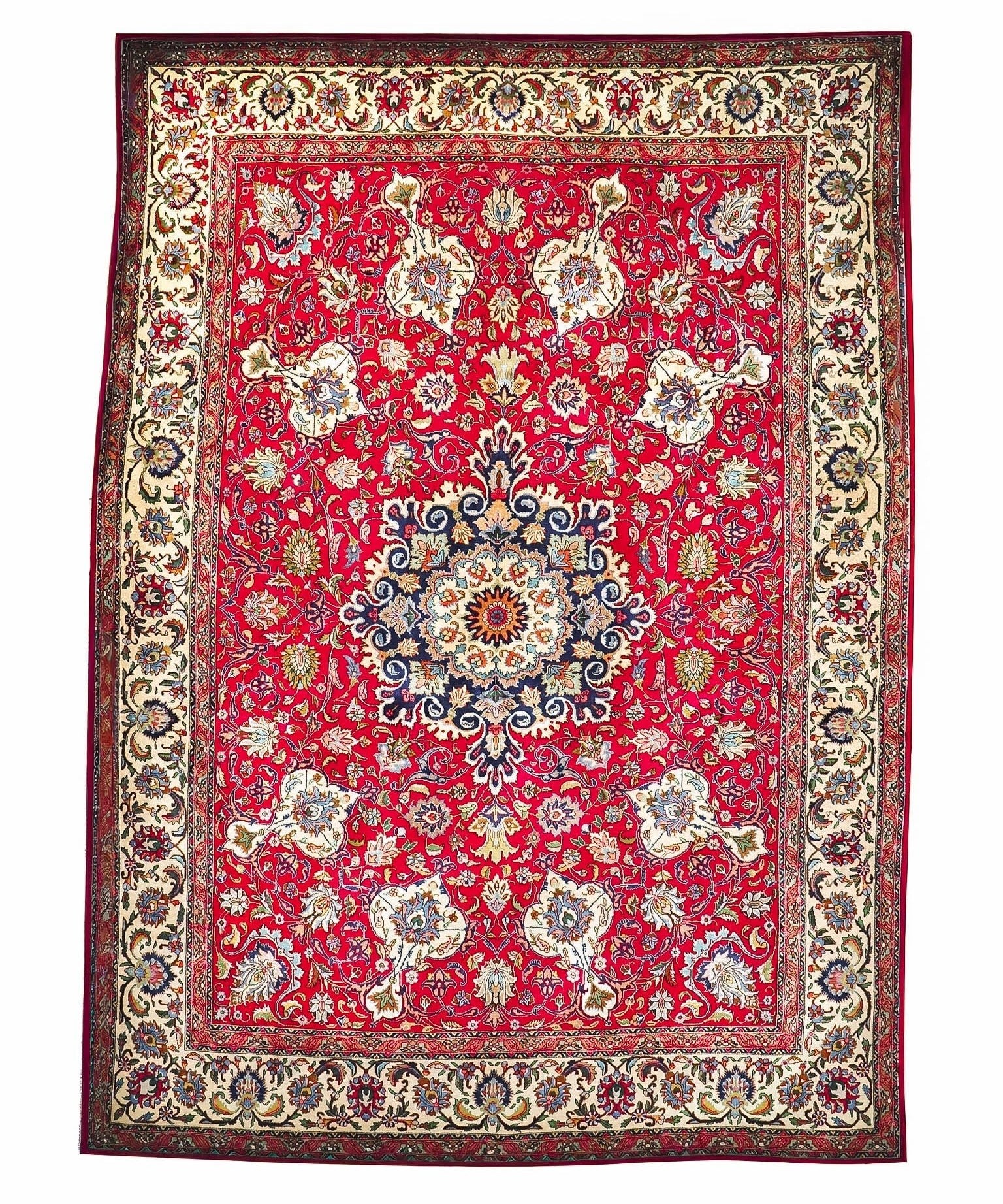 Persian Tabriz rug square design with red field and cream border bands with floral pattern