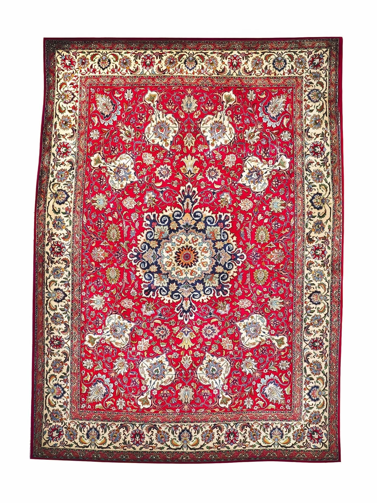 Persian Tabriz rug square design with red field and cream border bands with floral pattern