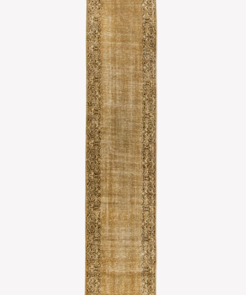 Tan Persian-style runner rug with dark border stripe and ornate medallion motifs
