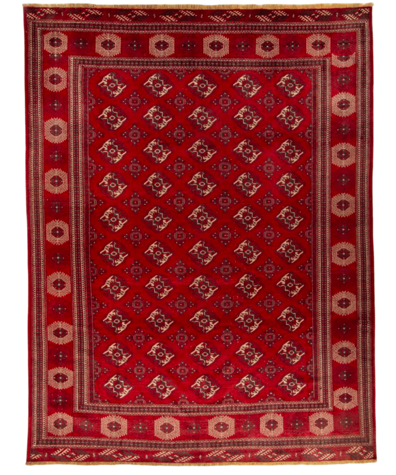 Persian Turkmen rug flat on a white surface, red with ornate border and central pattern