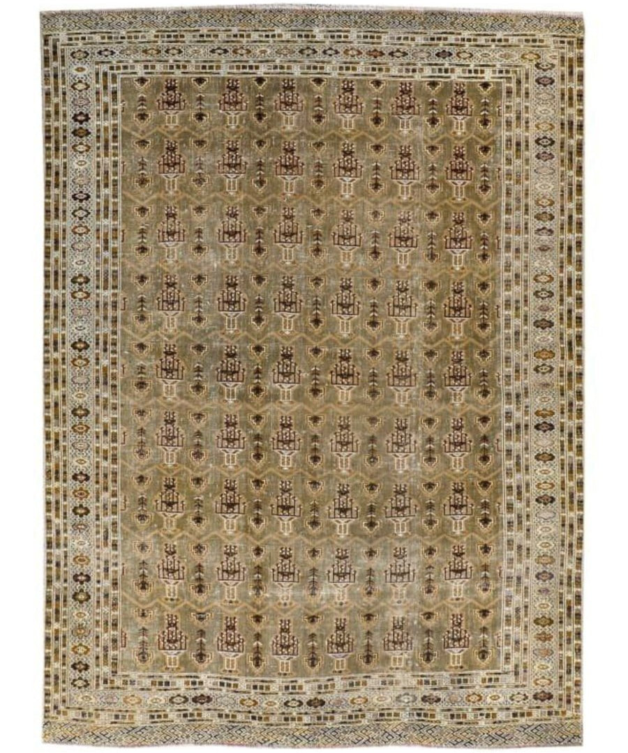 Persian Turkmen rug, rectangular tan field with geometric motifs and patterned border