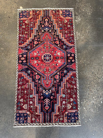 Persian rug with red field, navy geometric border, central medallion and motifs