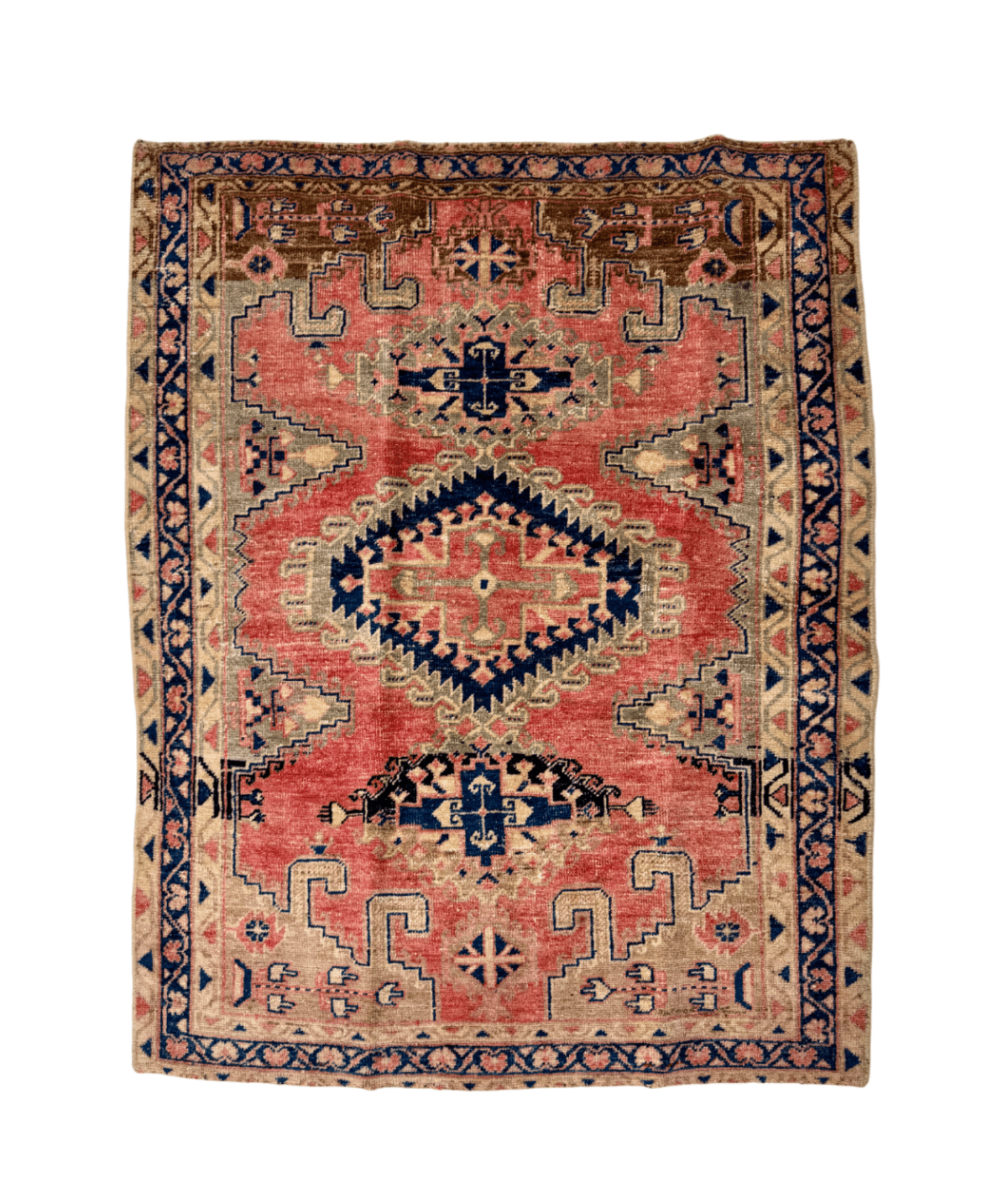 Persian-style 4x5 rug with red, blue, beige geometric medallion pattern
