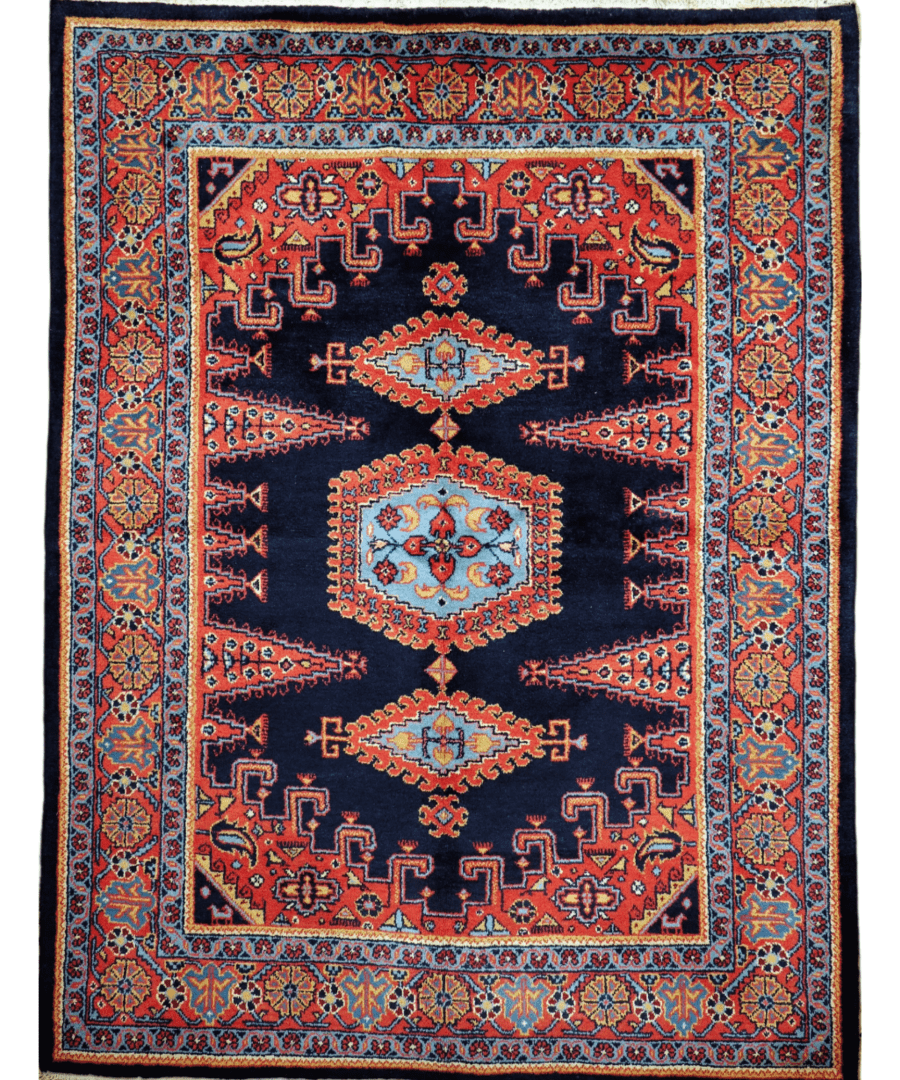Square Persian rug design with navy field, red center medallion, and geometric frame