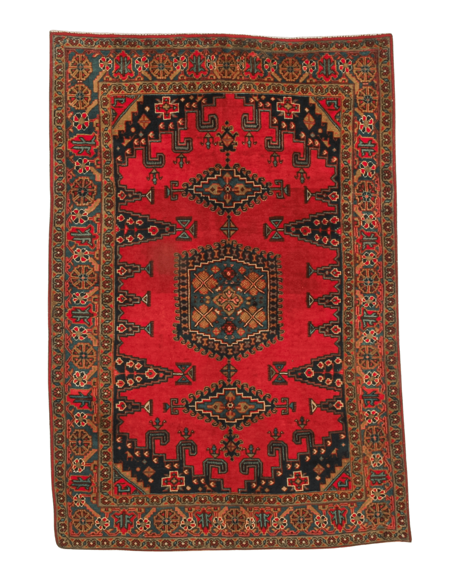 Red Persian rug with central medallion, geometric border, and fringed edges on floor