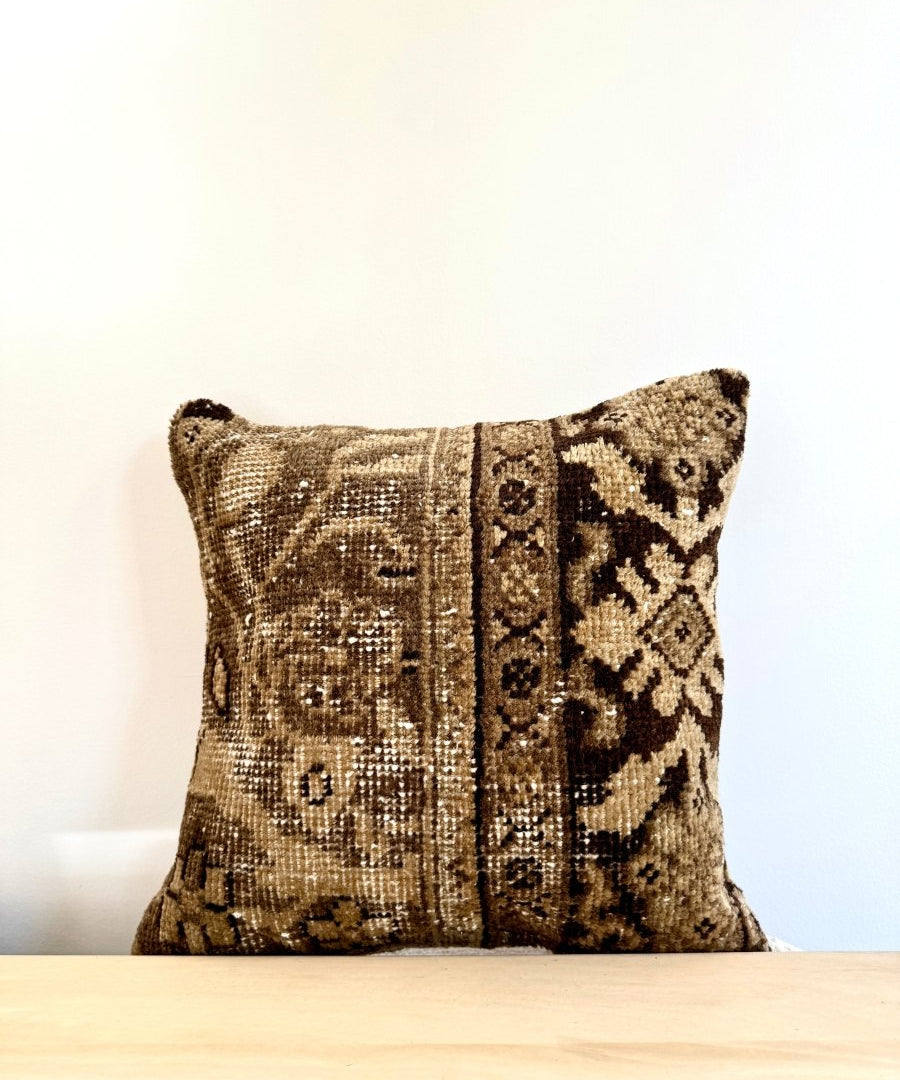 Brown and beige geometric decorative square pillow, 16x16, patterned front with trim.