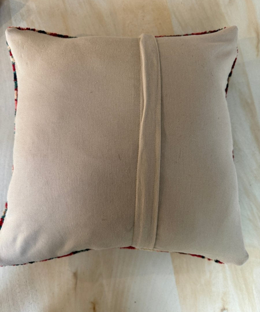 Square decorative pillow with plain light-beige back and stitched piping around edges