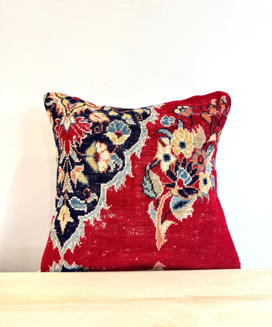 Decorative square pillow, red and navy embroidered floral geometric pattern, 16 x 16 in.