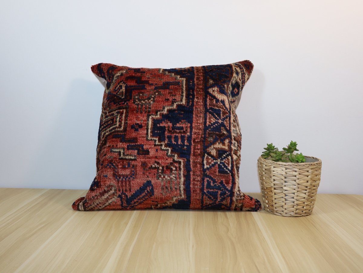 Multicolor geometric woven pillow, 18 x 18 in, navy border with rust and cream blocks