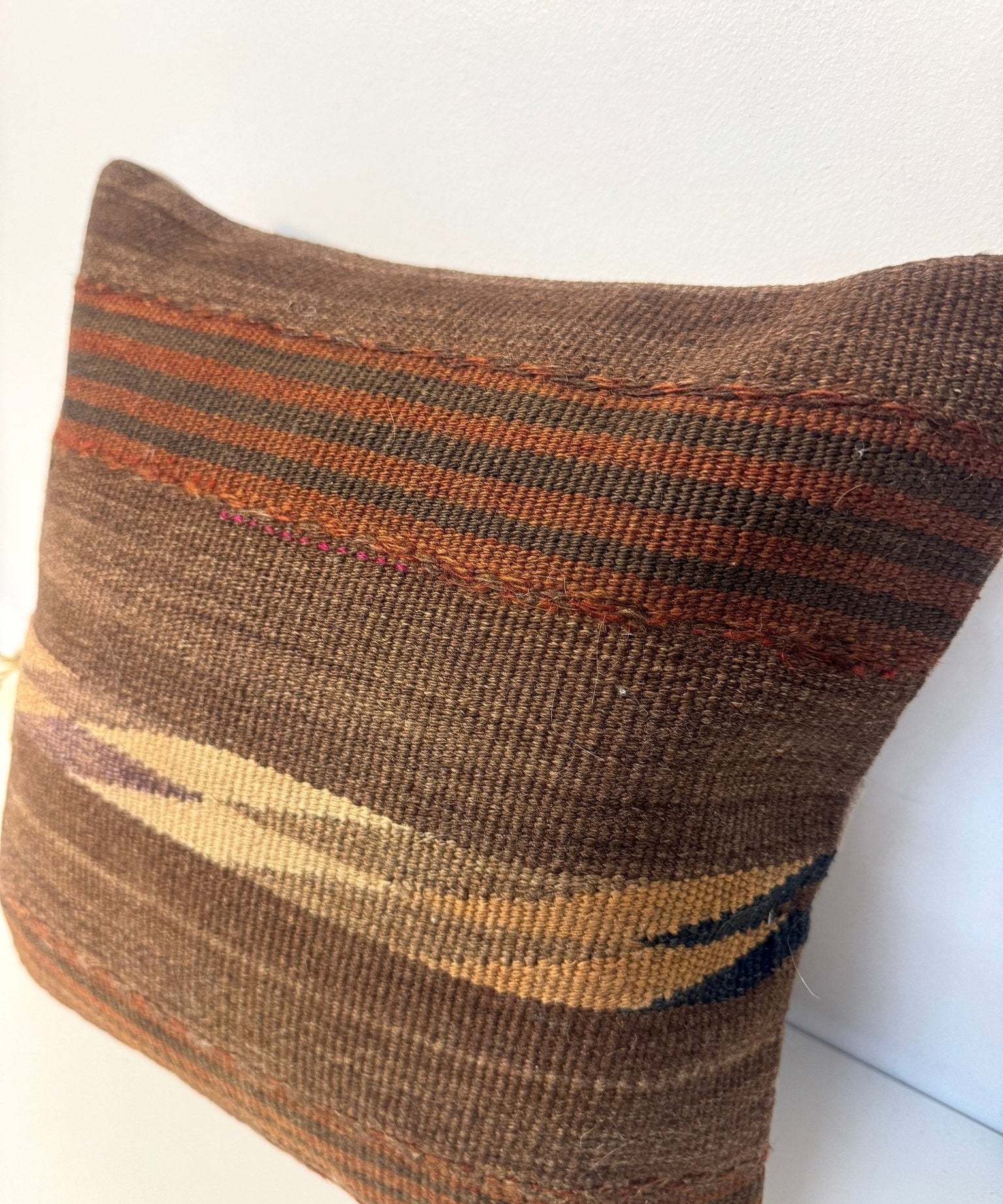 Woven pillow, 16 x 16 in, brown with multicolor horizontal stripes