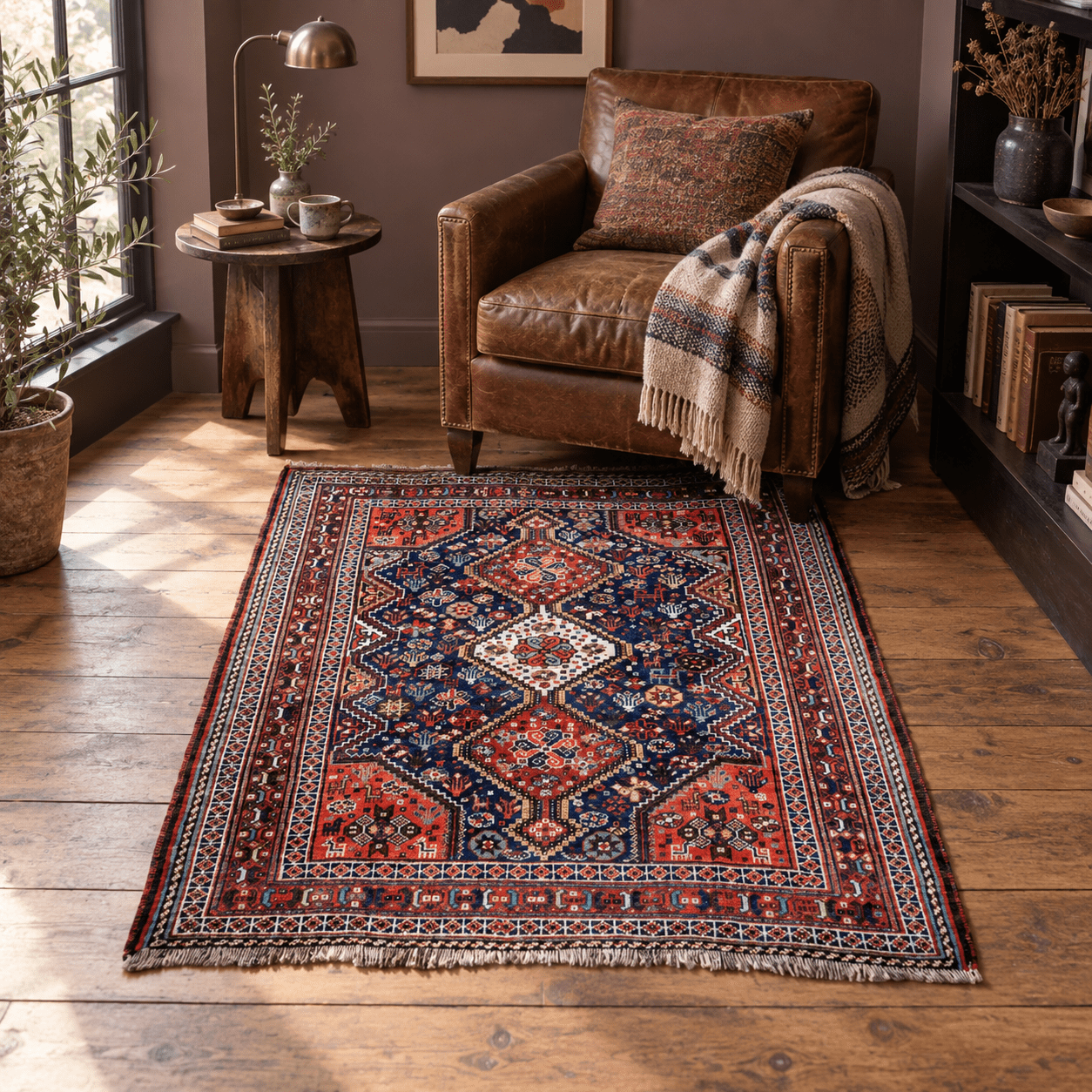 Qashqai Rug — Indigo Field & Jewel-Tone Diamonds | 4' × 5'1" - Rug the Rock -