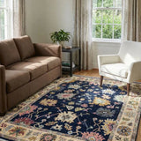 Oushak-Inspired Chobi Rug — Pastel Florals on Midnight Blue | 8' × 10'6"