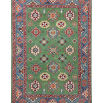 Full front view of green & red Kazak-inspired wool rug 29347.