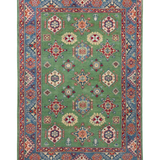 Full front view of green & red Kazak-inspired wool rug 29347.