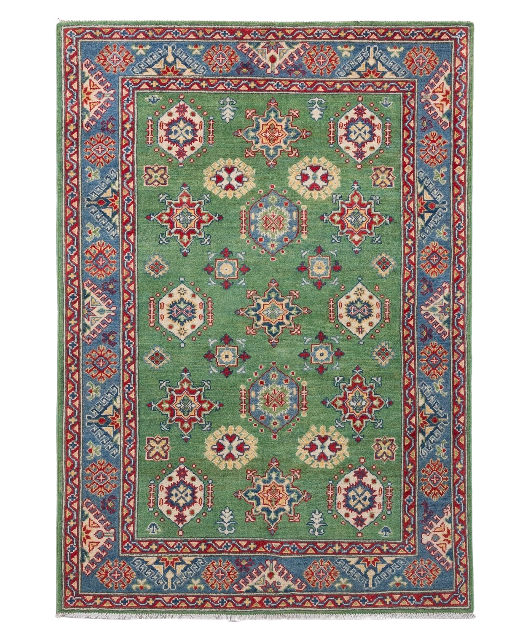 Full front view of green & red Kazak-inspired wool rug 29347.