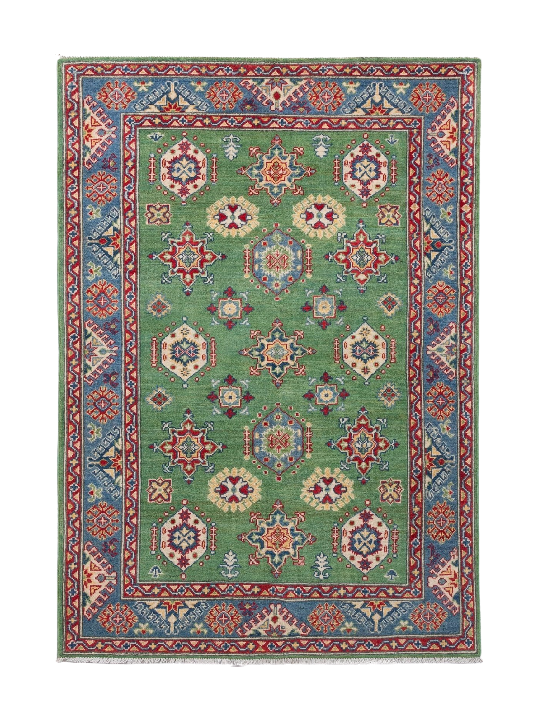 Full front view of green & red Kazak-inspired wool rug 29347.