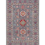 Full front view of blue & ivory Kazak-inspired wool rug 29645.