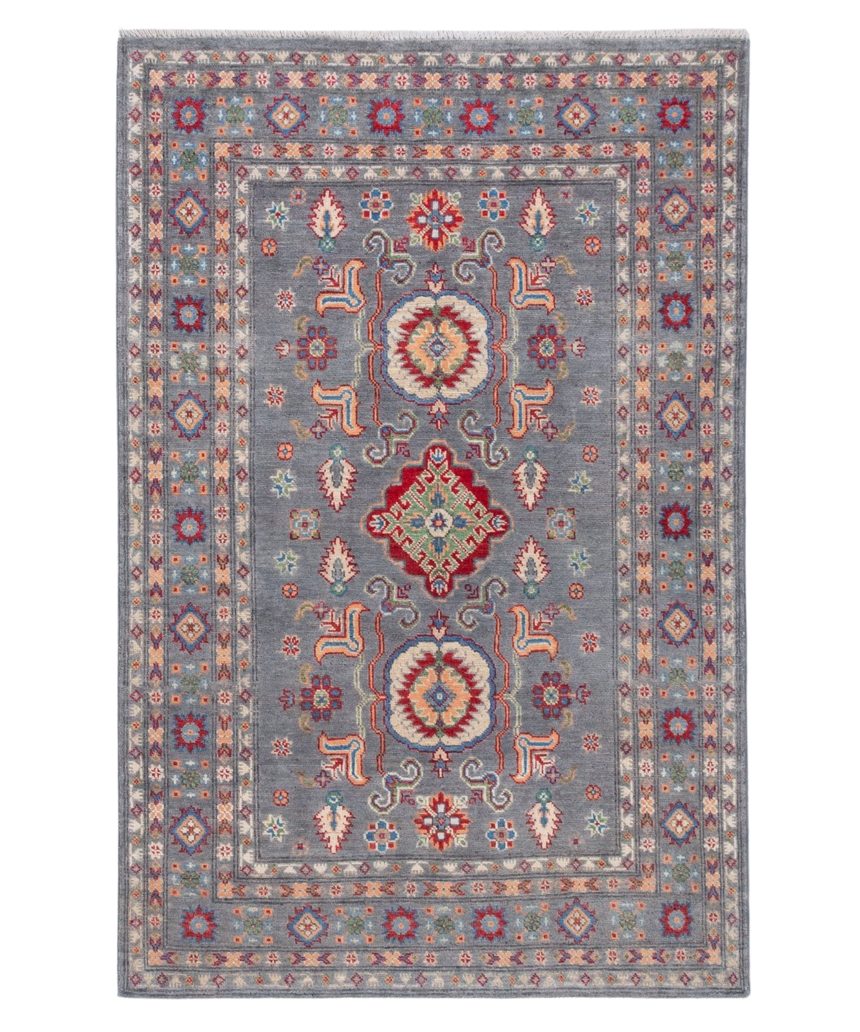 Full front view of blue & ivory Kazak-inspired wool rug 29645.