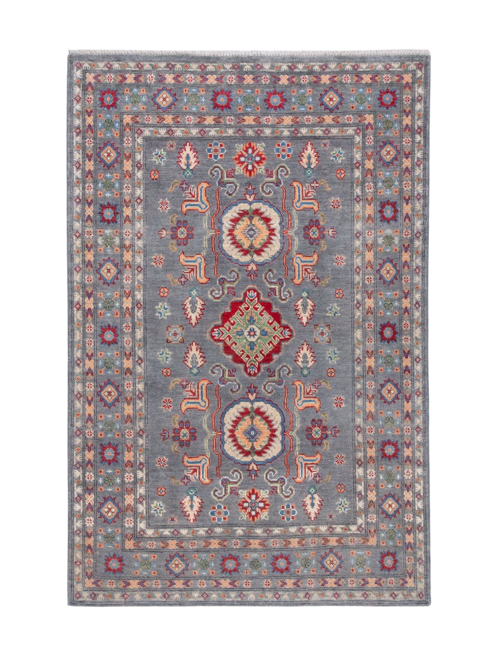 Full front view of blue & ivory Kazak-inspired wool rug 29645.