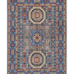 Full front view of blue & ivory Kazak-inspired wool rug 29651.