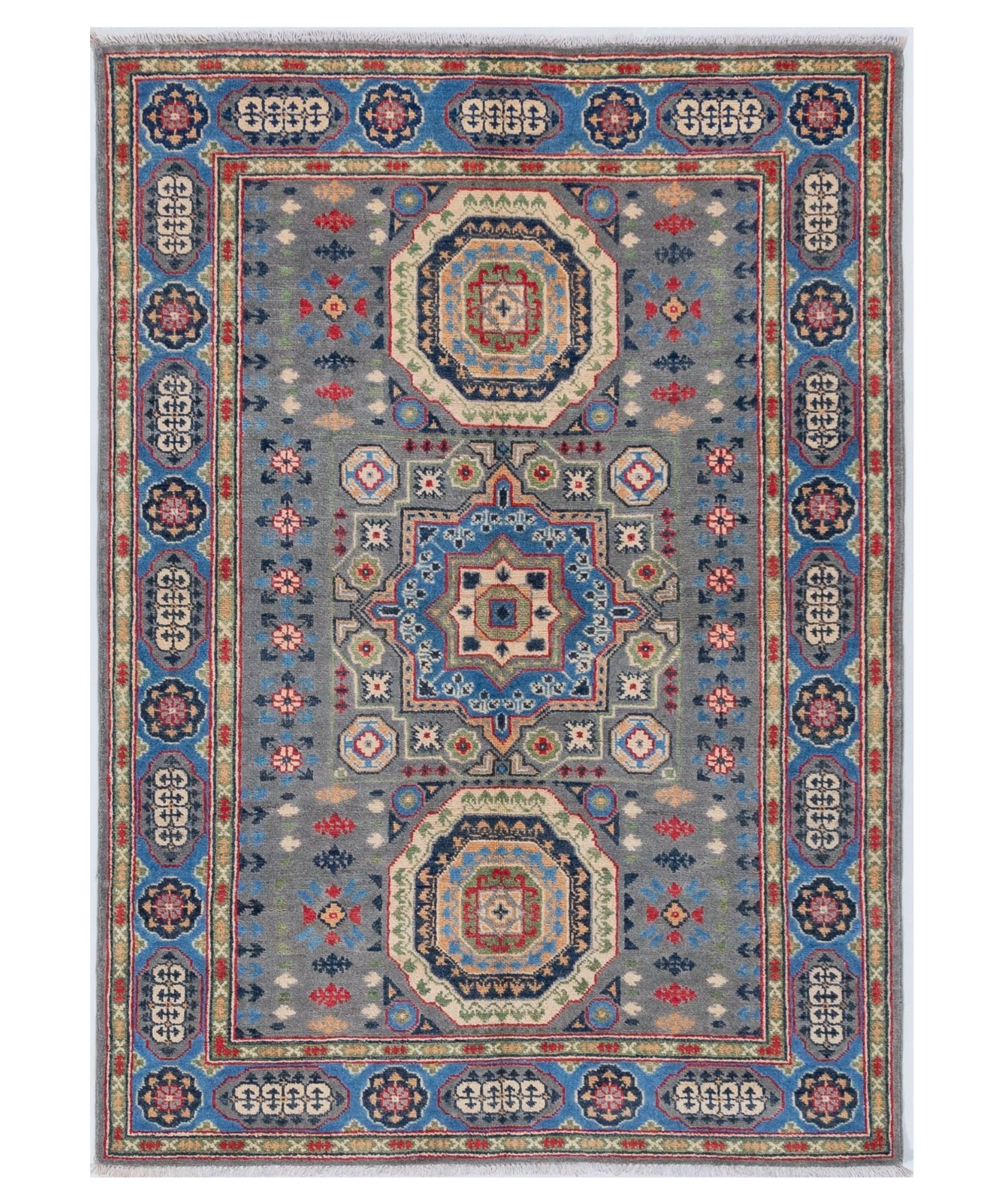 Full front view of blue & ivory Kazak-inspired wool rug 29651.