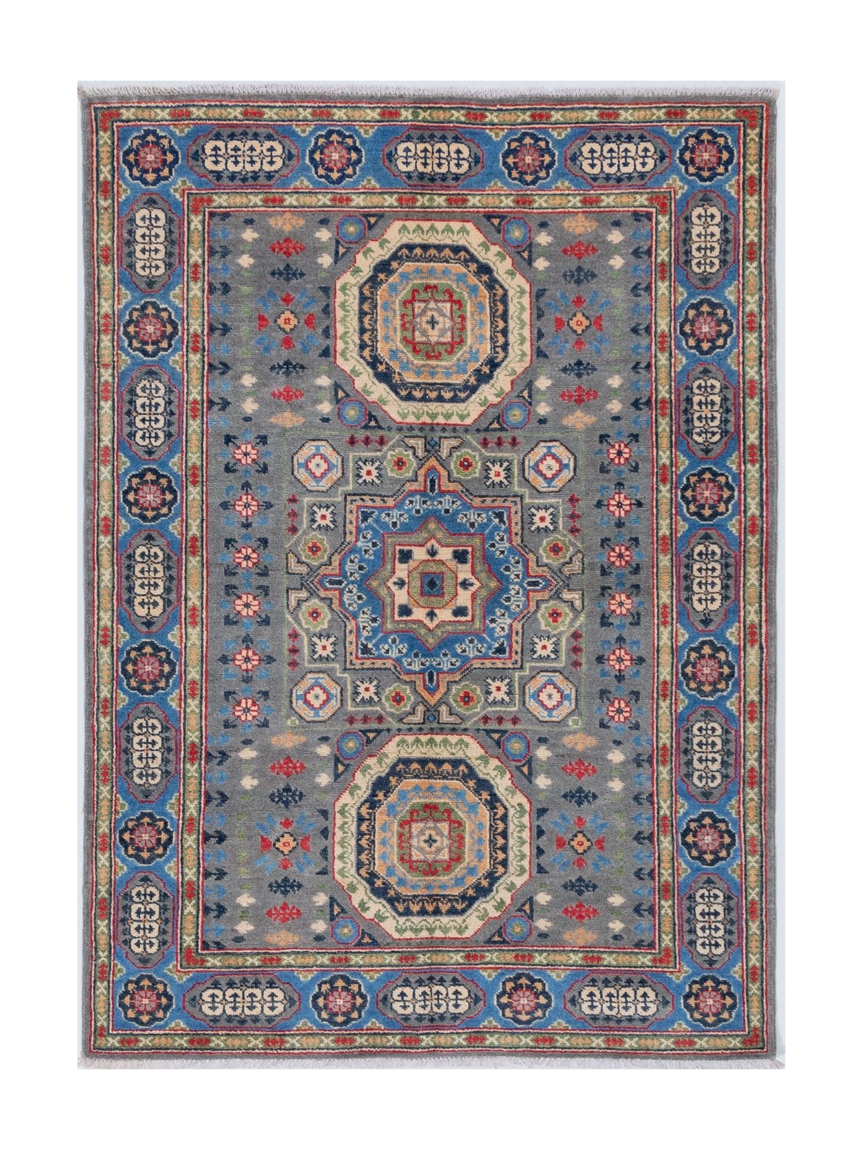 Full front view of blue & ivory Kazak-inspired wool rug 29651.