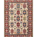 Full front view of ivory & blue Kazak-inspired wool rug 19419.