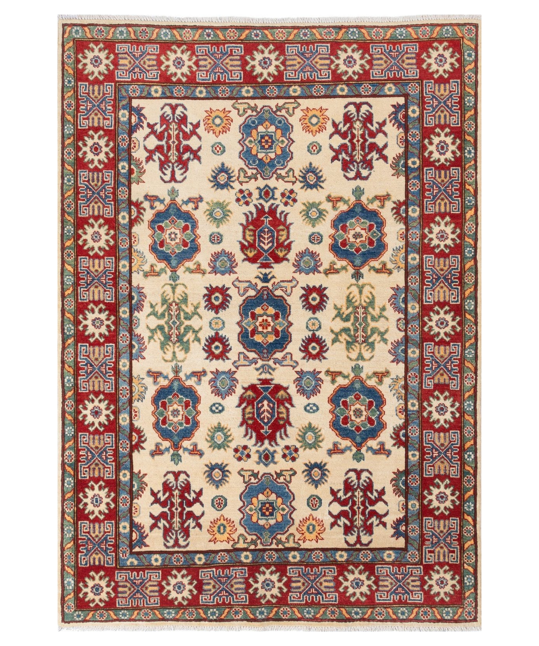 Full front view of ivory & blue Kazak-inspired wool rug 19419.
