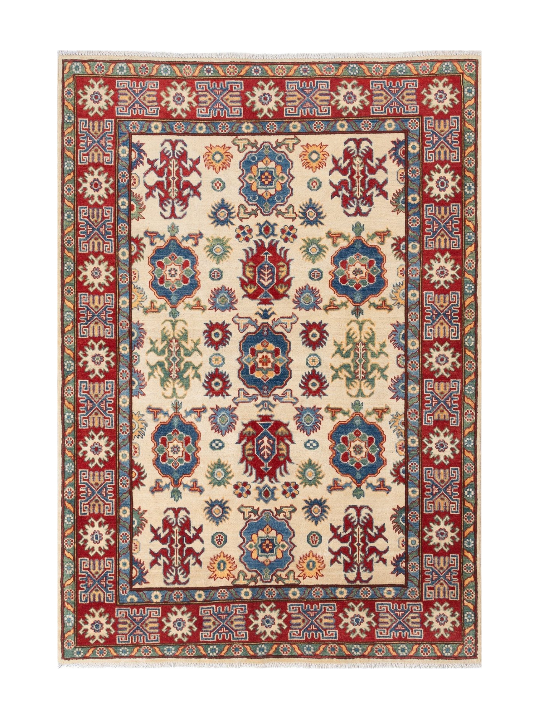 Full front view of ivory & blue Kazak-inspired wool rug 19419.