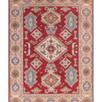 Full front view of red & blue Kazak-inspired wool rug 21422.