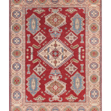 Full front view of red & blue Kazak-inspired wool rug 21422.