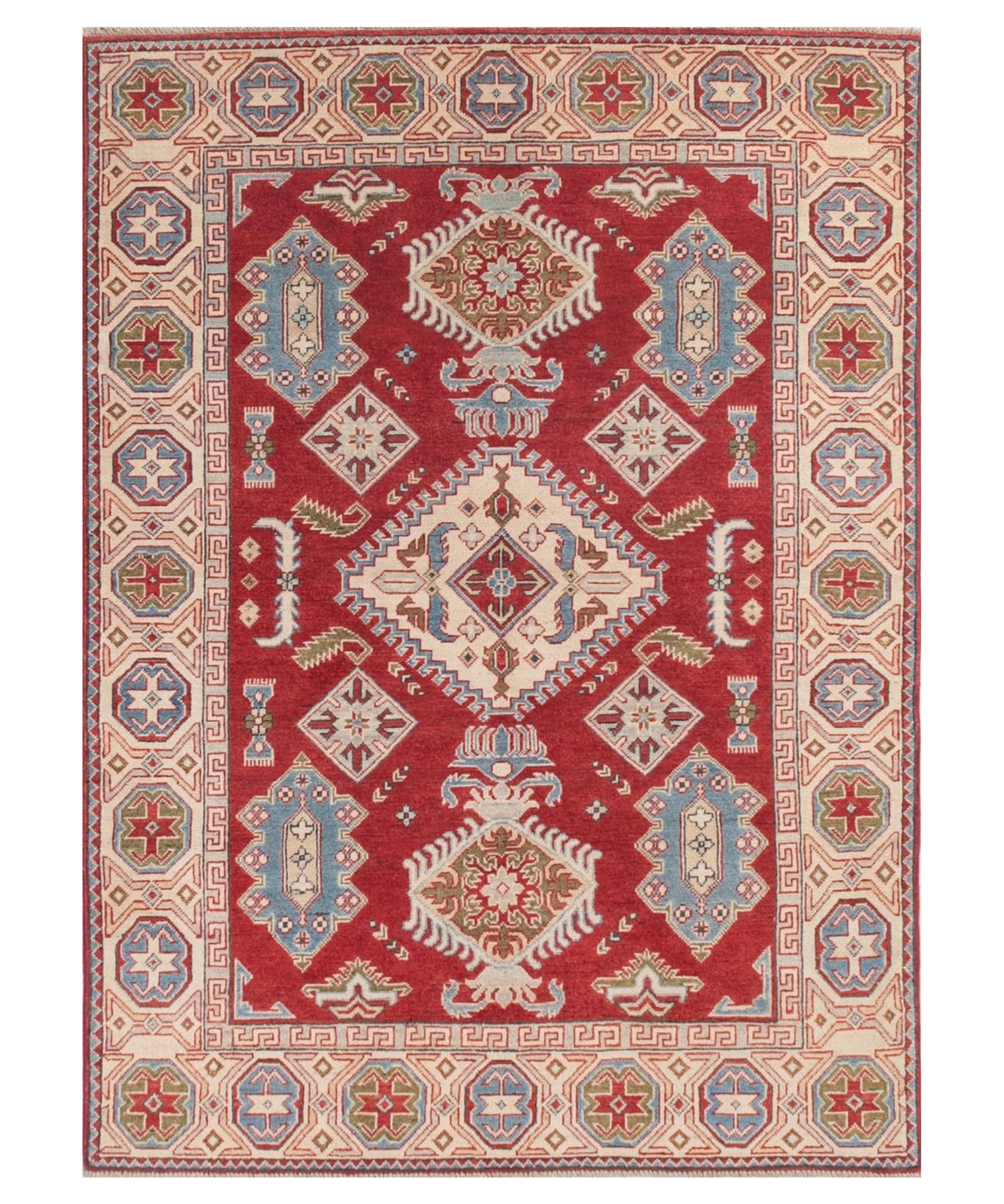 Full front view of red & blue Kazak-inspired wool rug 21422.