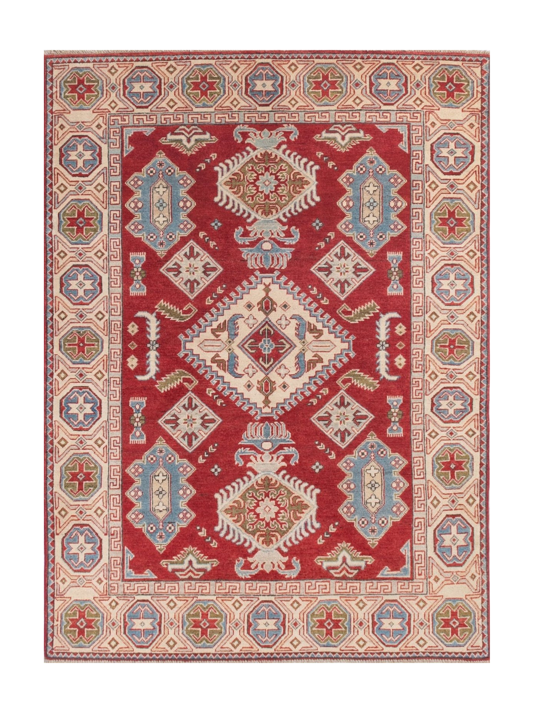 Full front view of red & blue Kazak-inspired wool rug 21422.