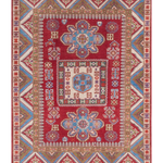 Full front view of red & blue Kazak-inspired wool rug 21474.