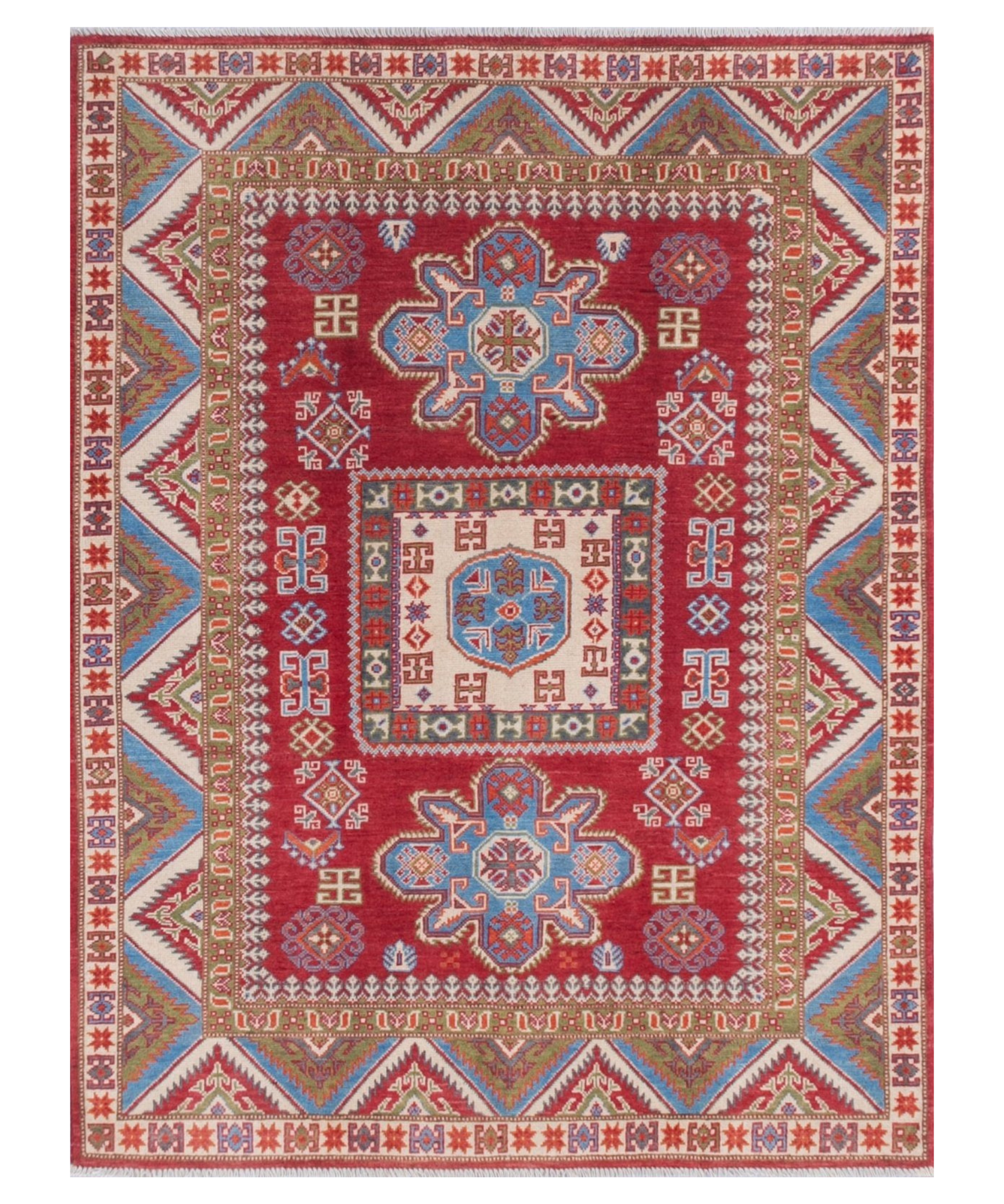Full front view of red & blue Kazak-inspired wool rug 21474.