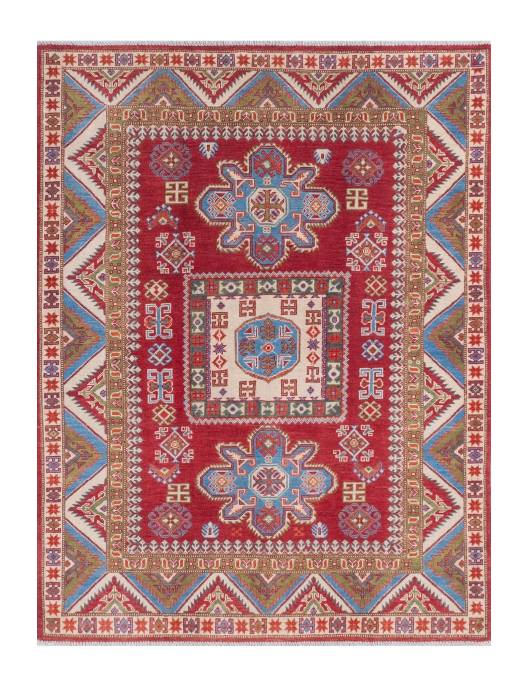 Full front view of red & blue Kazak-inspired wool rug 21474.