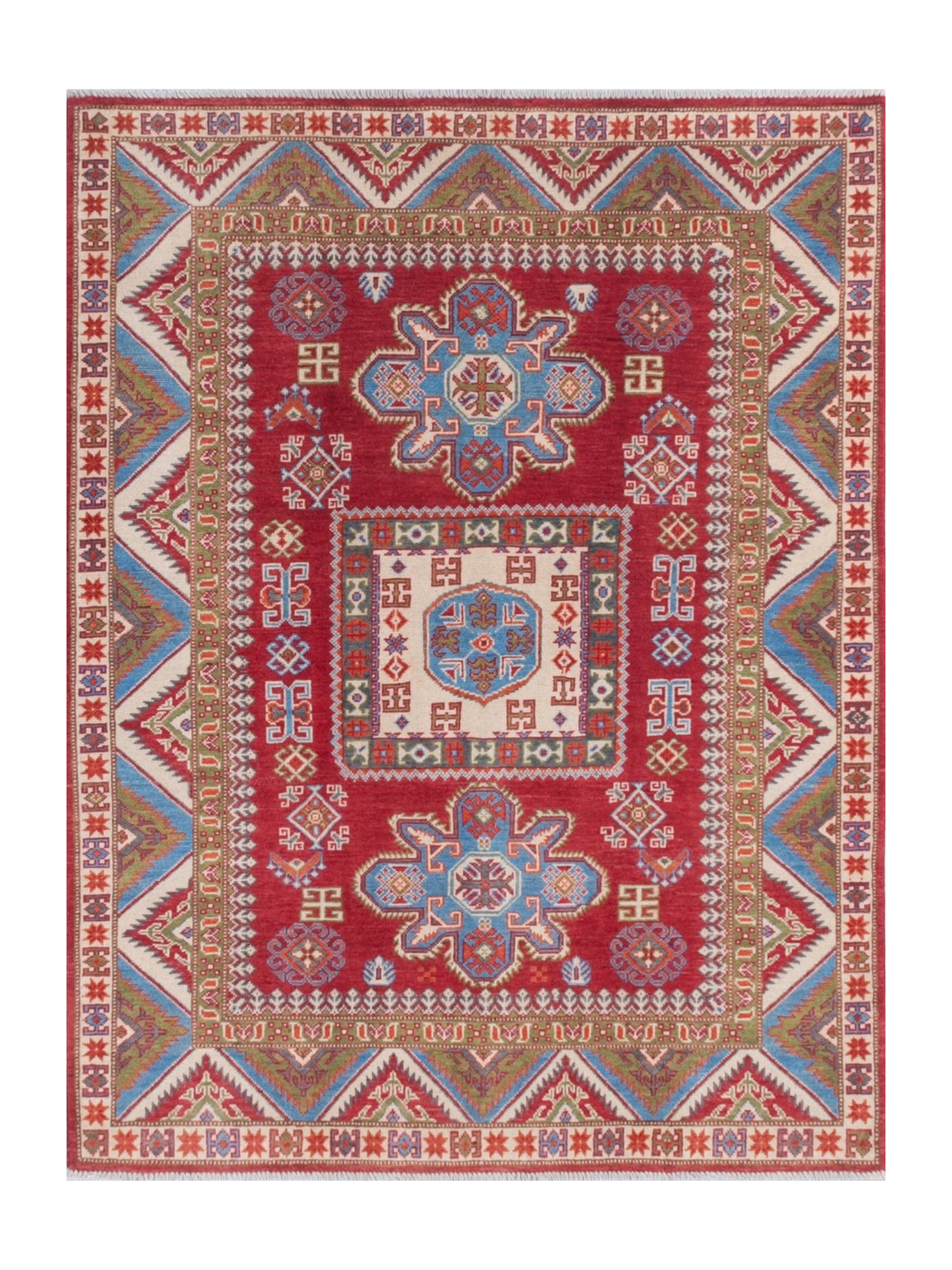 Full front view of red & blue Kazak-inspired wool rug 21474.